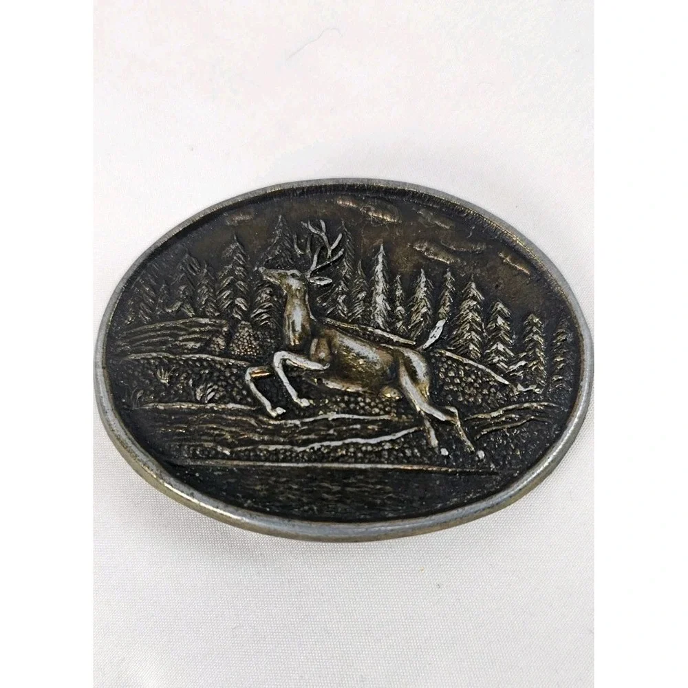 VTG Deer Belt Buckle Running Buck Forest Hunting Brass Tone Western 3